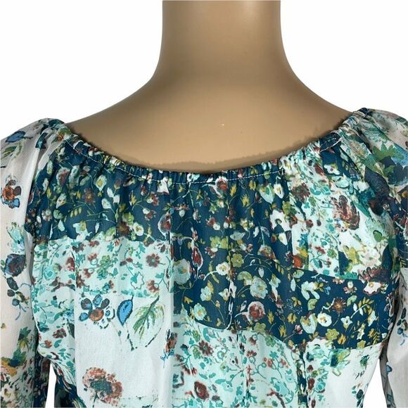 Beautees Blue and Green Floral Blouse laced Wrist - Picture 8 of 15